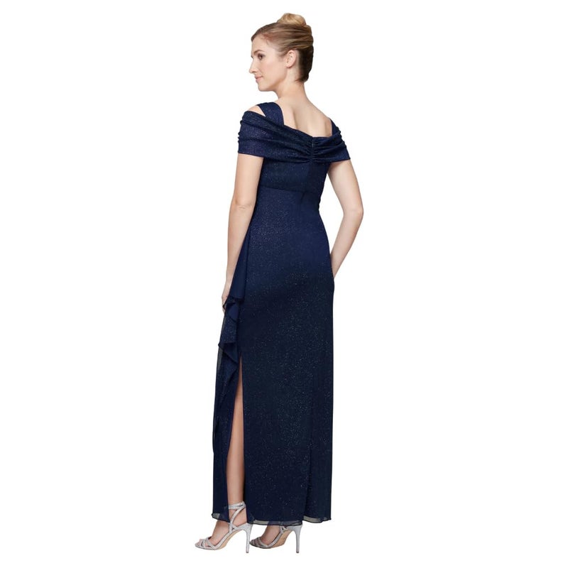 Alex Evenings Women's Long Cold Shoulder Dress (Petite and Regular Sizes), Dark Navy Glitter, 14 - Image 2